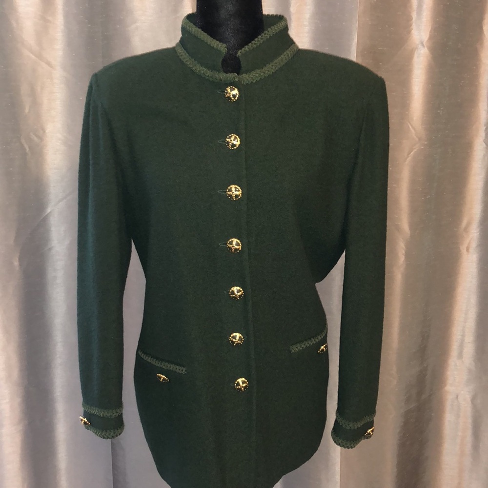 St John Collection emerald green jacket with braided trim, used condition